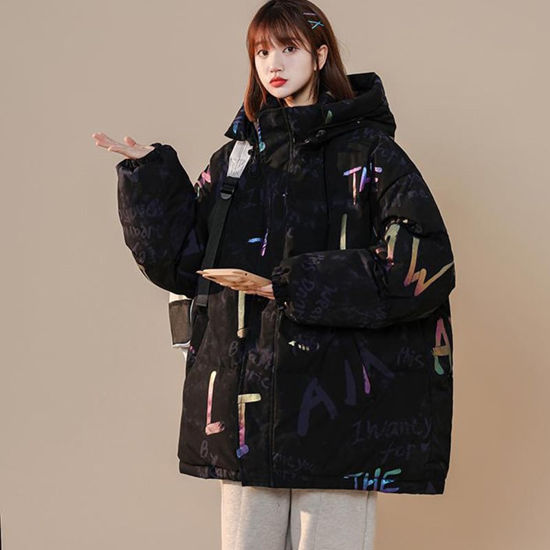 [Ushiomiomi Series] ★Winter Coat★ Cotton Coat Outerwear 2color Unisex Men's Graffiti Alphabet Black