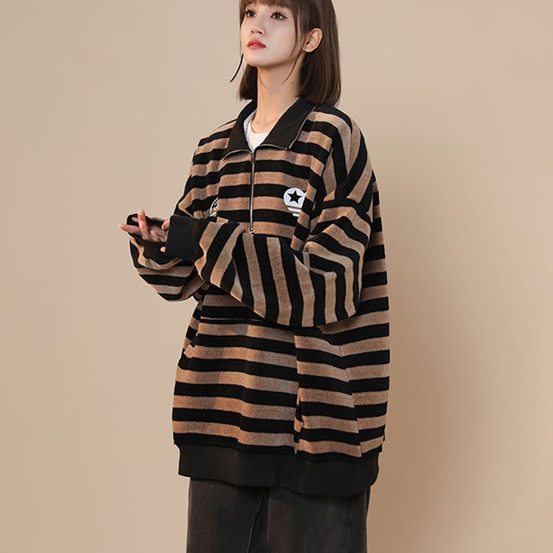 [Fujiiman Series]★Tops★ POLO neck unisex men's horizontal stripes striped pattern dark brown color scheme ML XL 2XL