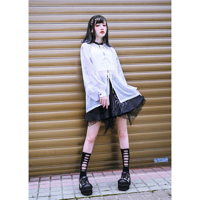 [Kokaisha---Monster CLUB Series] ★China style outerwear★ 2color tops with hat printed long sleeves summer spring thin sheer ML XL