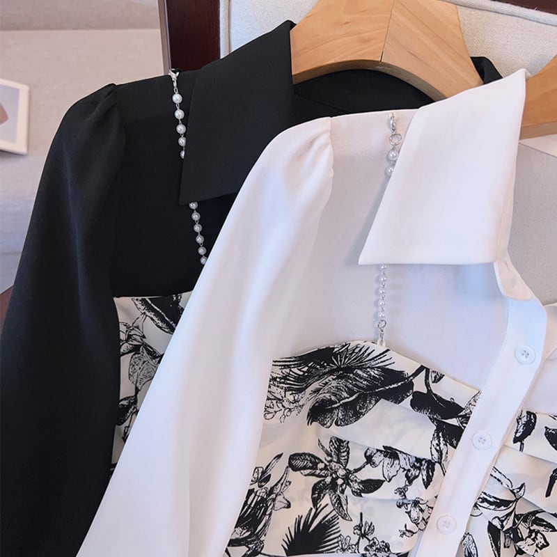 [BAITANG series] ★China style shirt★ 2color tops long sleeve shirt fake layered ink pattern black white