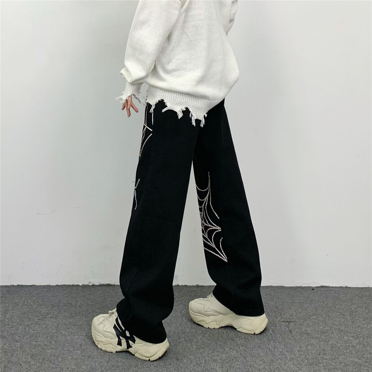 [MGJM Series]★Casual Pants★ Trousers Bottoms Denim Pants Unisex Men's Spider Black Black