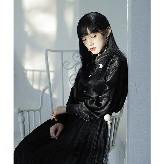 [Ukiyozoku Series]★China-style shirt★ Black Chinese clothes Original SM Loose satin Improves temperament Unique