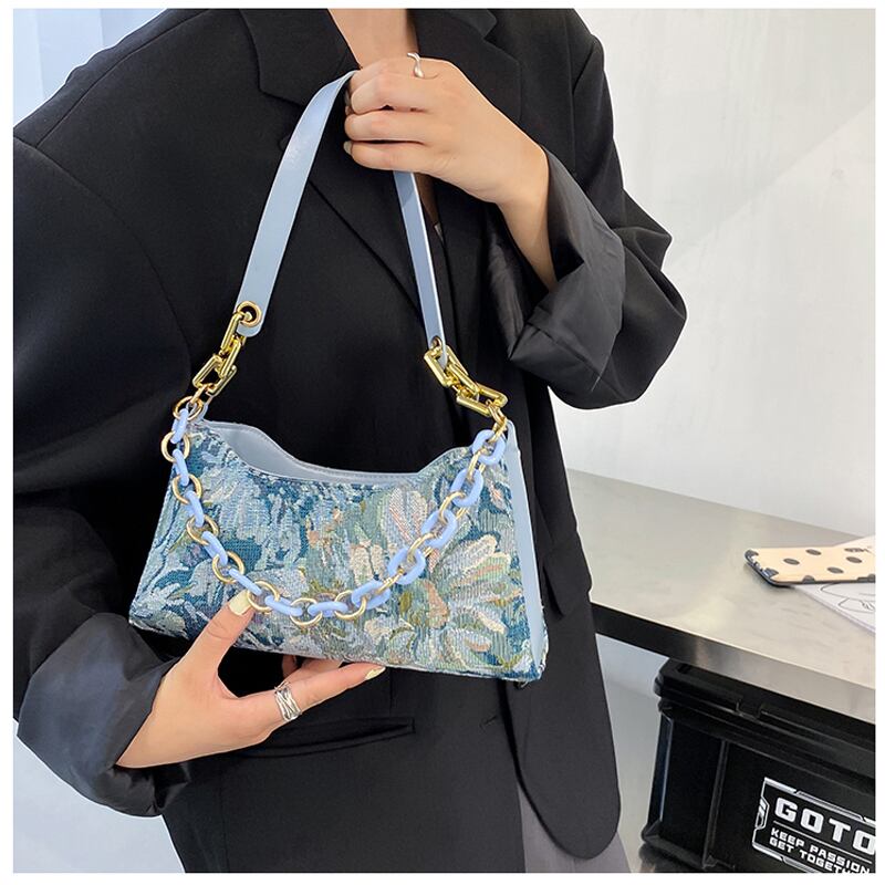 [ANDCICI Series] ★China style bag★ Oil painting style 2color floral pattern cute date commuting OL office blue green