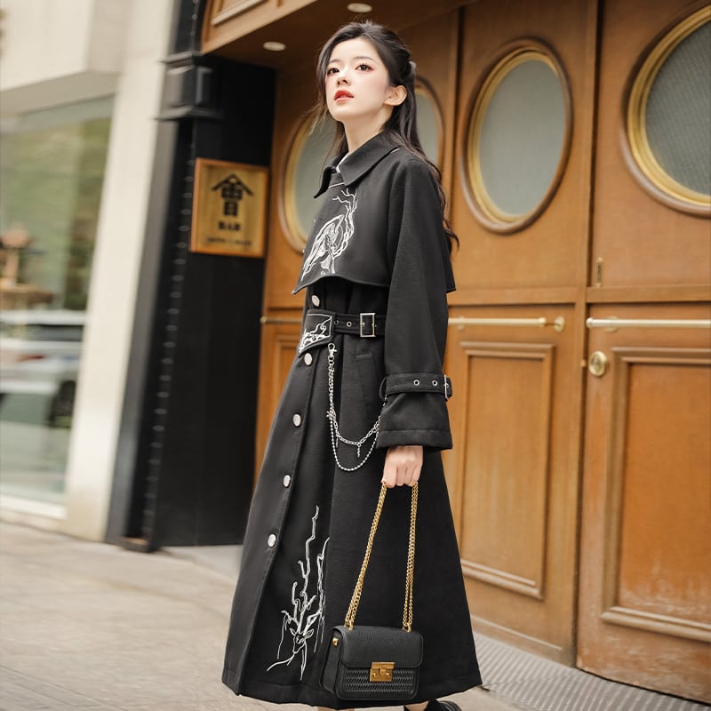 [Hanru First---Beisheng Series] ★China style coat★ Long outerwear with chain embroidery Black Black SML