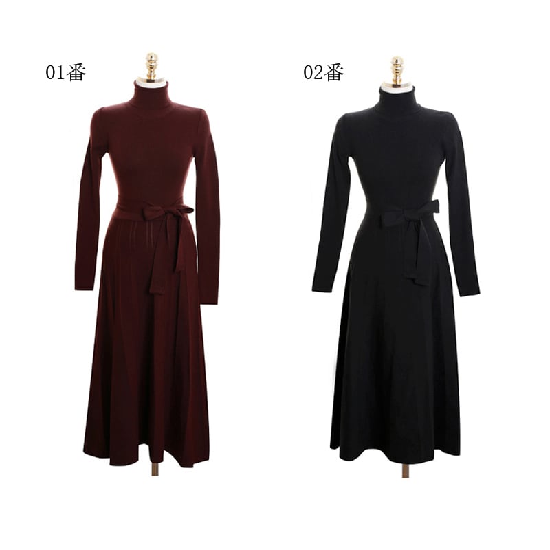 [Fumi Series]★Knit dress★ 2color long length commuting date office OL high neck slim