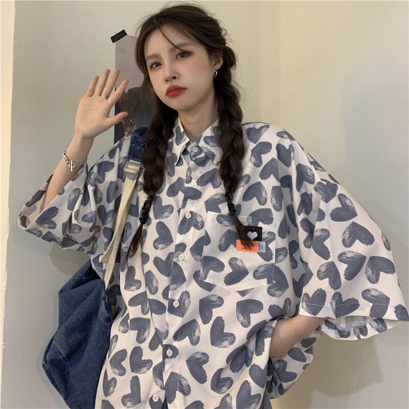 [Queen Series]★Retro Shirt★ Tops Heart Print ML XL Cute Loose Harajuku Style