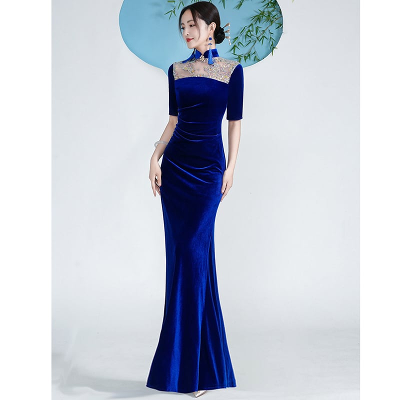 [Encounter dress series] ★Cheongsam dress★ Mermaid line velvet Improves temperament Maxi length Blue Blue Large size