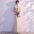 Load image into Gallery viewer, Chinese dress, party dress, dress, Chinese style clothing, girls' night out, reunion, stand neck, short sleeve, long length, maxi length, elegant, slimming, cute, large size, SML, XL, 2XL, improved Chinese dress, mermaid line, lace
