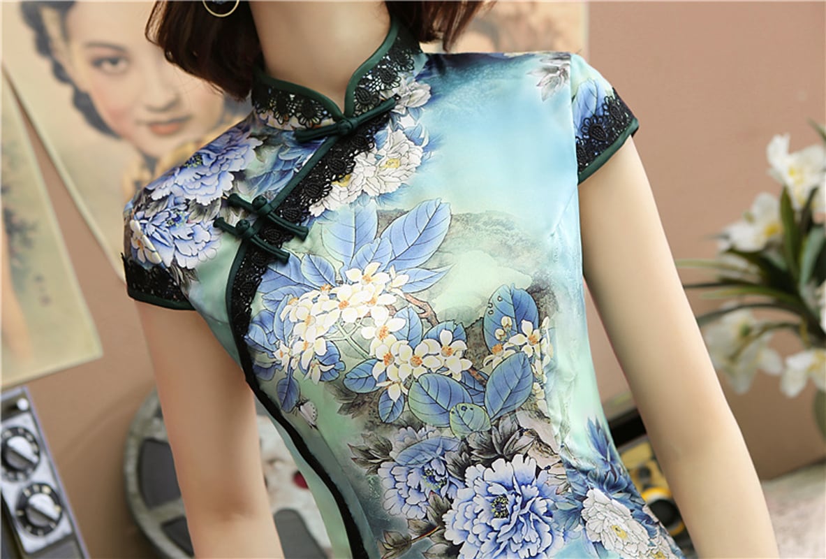 Chinese dress, dress, Chinese style clothing, stand neck, short sleeve, long length, elegant, slimming, classy, ​​large size, ML XL 2XL 3XL 4XL, everyday wear, party, girls' night out, blue, gray, floral pattern, artificial silk