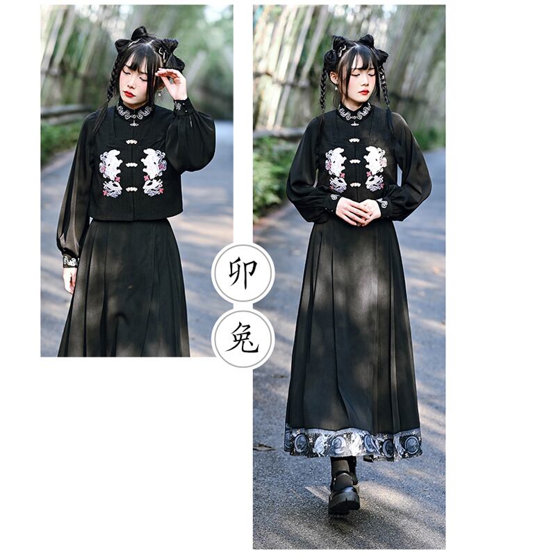 [Old Monster---Rabbit Series] ★China style tops★ Best Original Rabbit Embroidery Black Black Easy to match