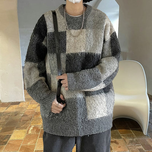 [Tetsusho Series]★Sweater★ 2color Knit Tops Unisex Men's Plaid Pattern Retro ML XL 2XL