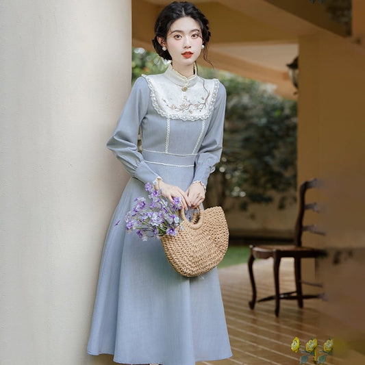 [Tatsuze Chenis Series] ★Chinese style dress★ Hanfu dress, Chinese elements, retro, switching, fake layered, blue, blue