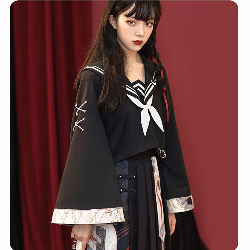 【花悅詩風シリーズ】★チャイナ風セットアップ★ トップス+スカート セーラー服 JK風 2点セット 可愛い