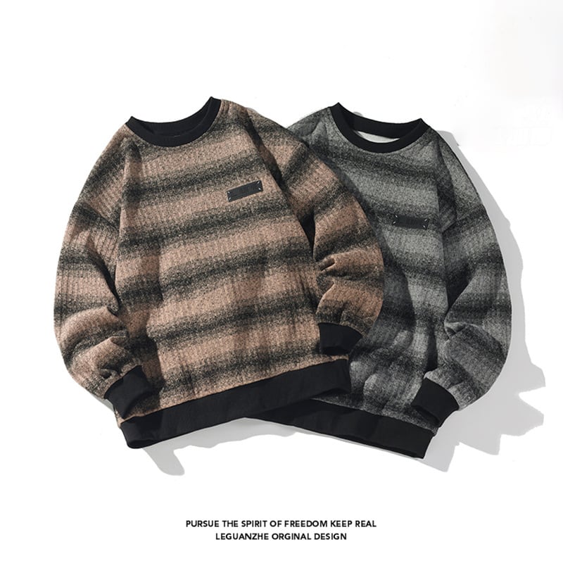 [BIGEMAN series] ★Tops★ 2color tops, brushed lining, unisex, men's color scheme, horizontal stripes, striped pattern, gray brown