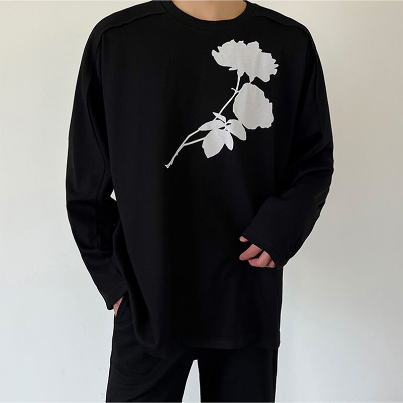 [Illustrated series] ★T-shirt★ 2color tops long sleeve T-shirt unisex men's simple floral pattern black white