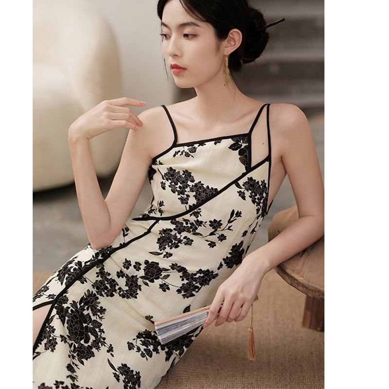 [Ink year flower series] ★China style setup★ 2-piece set Hanging dress + thin outerwear Improves temperament Floral pattern SML