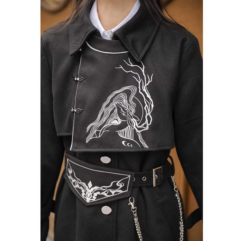 [Hanru First---Beisheng Series] ★China style coat★ Long outerwear with chain embroidery Black Black SML