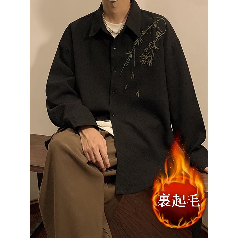 [YOULIN Series]★China style shirt★ 2color brushed lining embroidery bamboo tops unisex men's large size black white