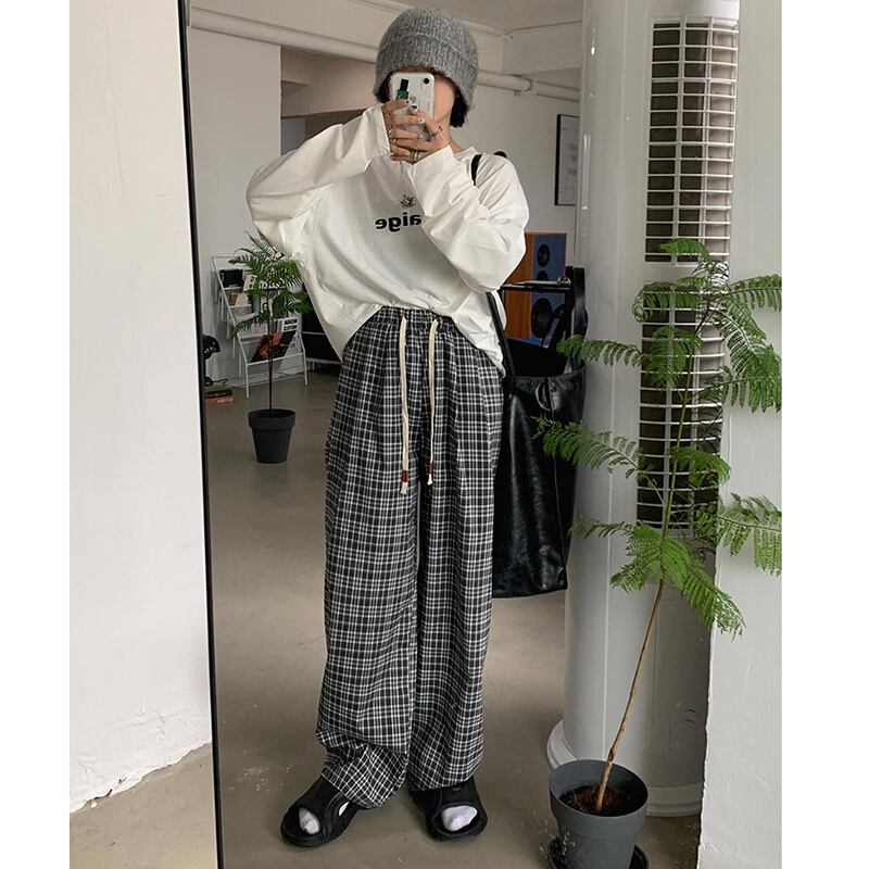 [Kumikumi Series] ★Casual Pants★ 2color Bottoms Trousers Casual Plaid Pattern Black Coffee Color Elastic Waist