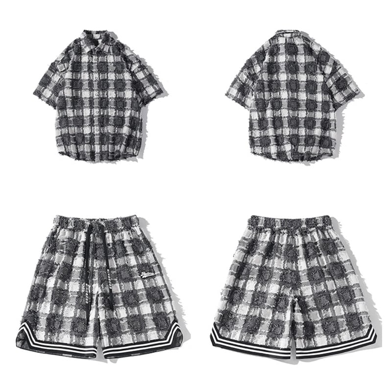 [BIGEMAN Series]★Setup★ Shirt + Shorts 2color Unisex Men's Large Size Plaid Pattern Blue Black Gray