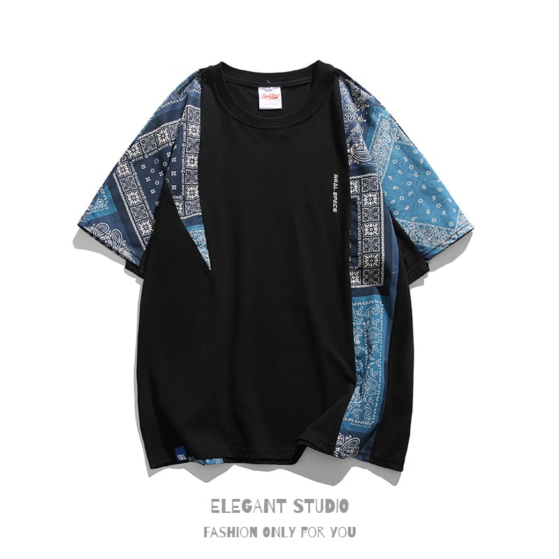 [SGLL Series]★T-shirt★ Paisley Men's Unisex Summer Black White Paisley Pattern T-shirt Switching Short Sleeve