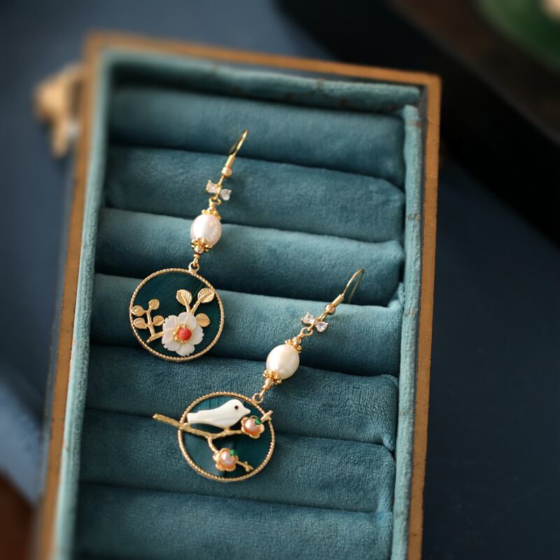 [Ma series] ★China style earrings★ Pair of earrings for women, improving temperament, accessories, birds, flowers, circles