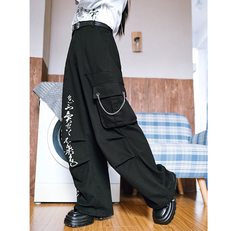 [Old Monster---Preface Series]★China style pants★Bottoms Gaucho pants Text pattern Black Black