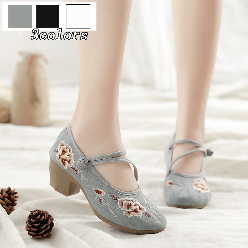 3colors Embroidery Shoes Handmade Shoes Chinese Shoes Chinese Style Shoes Chinese Style Buttons Tang Suit Hanfu Shoes Ethnic Style Retro Zook Rubber 35 36 37 38 39 40 41 White Gray Black High Heels 5cm