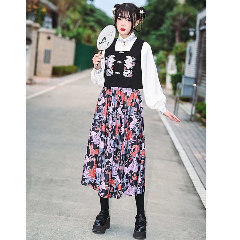 [Ancient monster house --- Rabbit series] ★China style skirt★ Bottoms print rabbit rabbit original SML