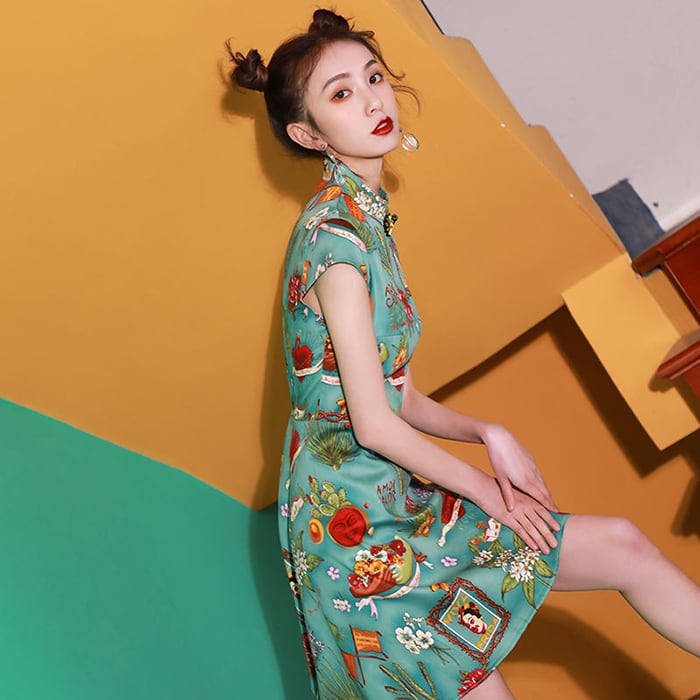 [Sumiyun Kokucho Series] ★Cheongsam dress★ China-style dress, Chinese-style clothes, Chinese clothes, mini length, cute, slimming