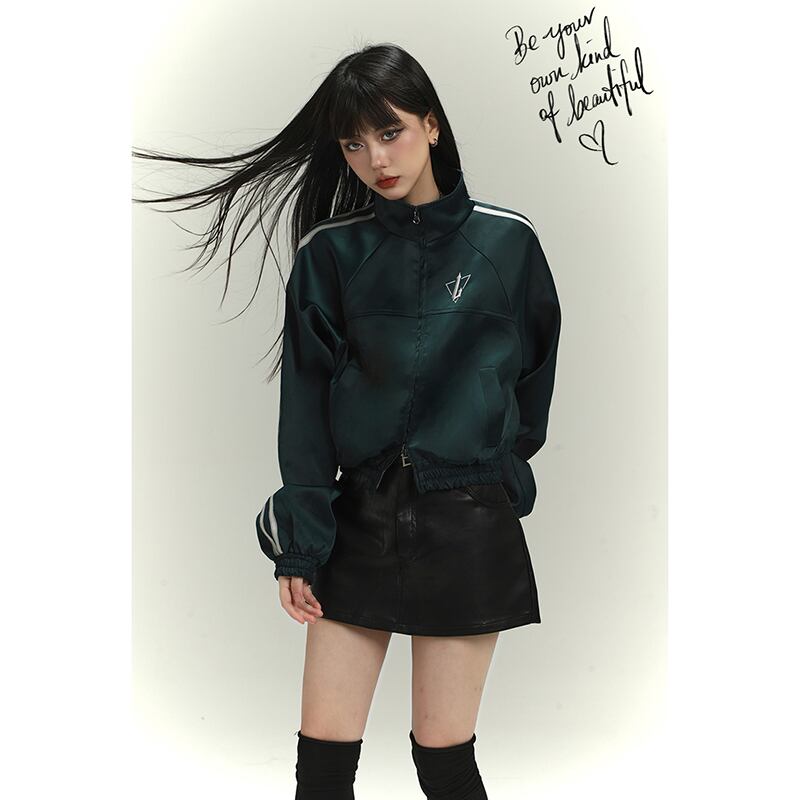 [LadyGhost Series] ★Outer★ Jacket Short Length Stadium Jumper Retro Green Green Easy to match