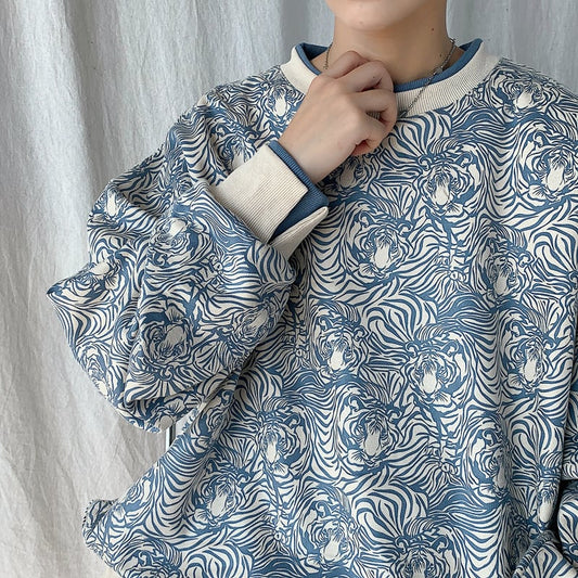 [Tiaota Series] ★Tops★ 2color Blue or Black Unisex Print Floral Pattern Round Neck Faux Layered