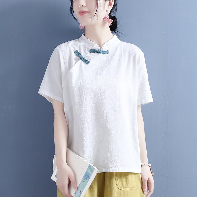 [Qing series]★Chinese style tops★ 3color color scheme Chinese clothes summer improved Tang clothes retro navy black white