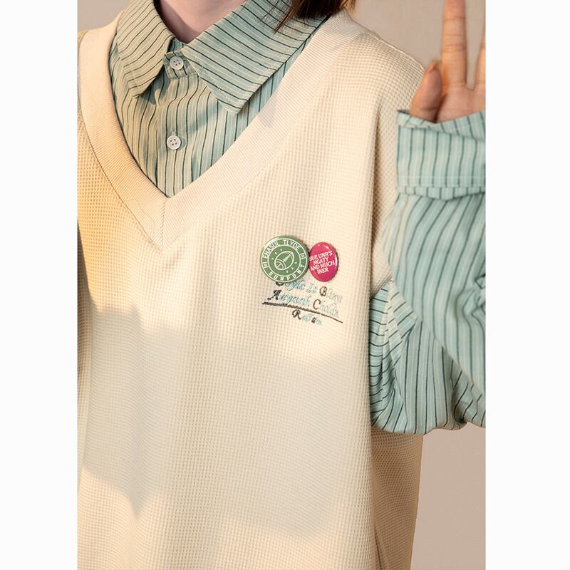 [FKZ Series] ★Tops★ Unisex Men's POLO Neck Faux Layered Brown Green