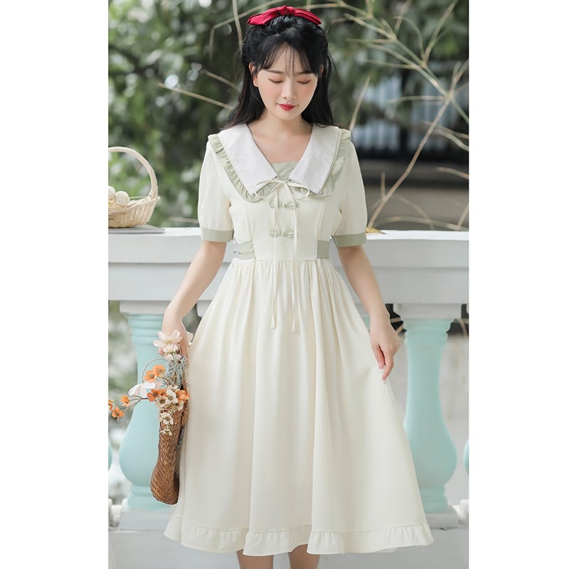 [Large Orange Series] ★China-style dress★ Improved cheongsam dress, summer clothes, cheongsam button, improves temperament, beige