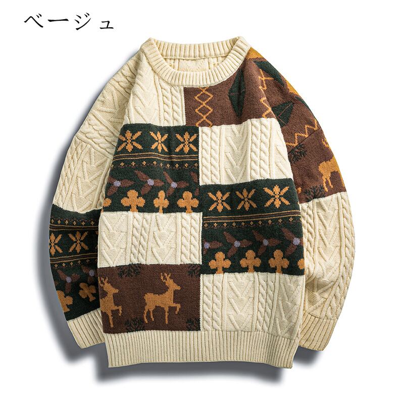 [Morimoto series] ★Sweater★ 3color tops, thick, warm, unisex, men's, floral pattern, retro, color scheme, easy to match