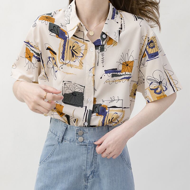 [YOUZI Series]★Retro Shirt★ Tops Printed Short Sleeves Floral Pattern Oil Painting Style Commuting Date Office Lady Office Improves Temperament