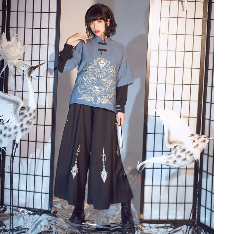 [Kyodo Series] ★China style tops★ Embroidered unisex costume couple clothes men's blue black large size