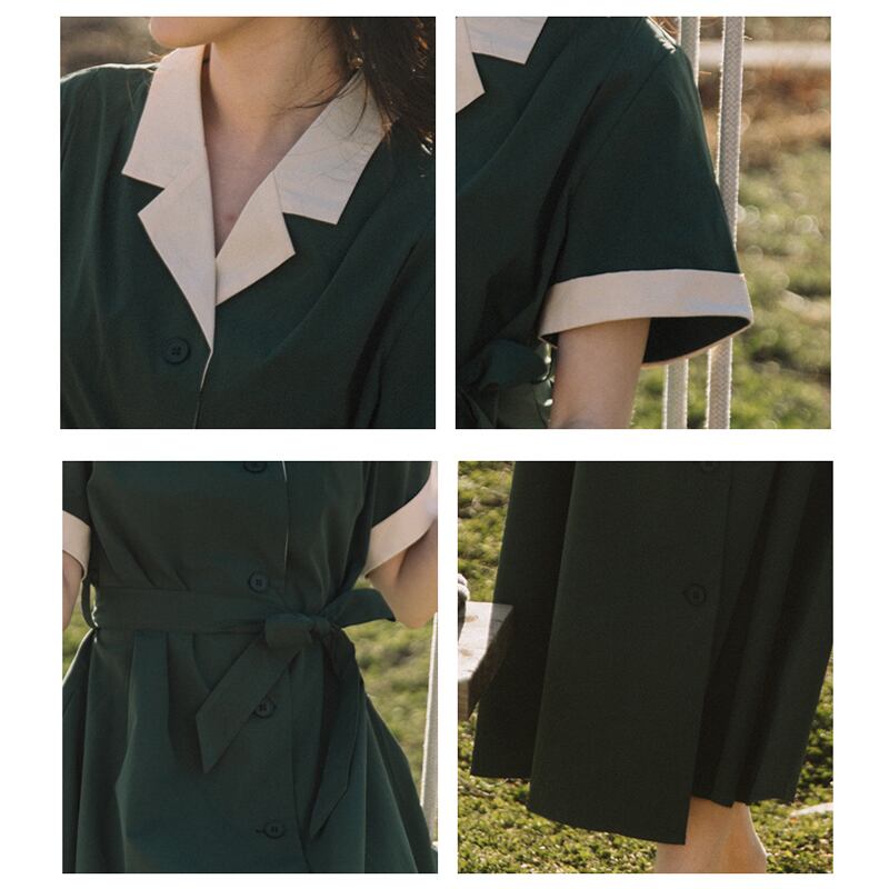 [Tatsuze Chenis Series] ★One Piece★ Short Sleeve Dress V Neck Dress Women's Retro Green Green