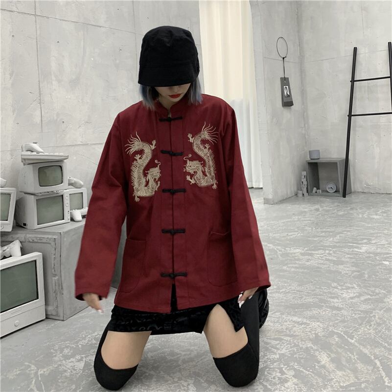 Chinese-style tops, outerwear, shirts, Chinese-style clothing, dragon, improved Tang costume, unisex, dragon pattern, Chinese clothing, Harajuku style, couple clothing, stand-up collar, long sleeves, black, red