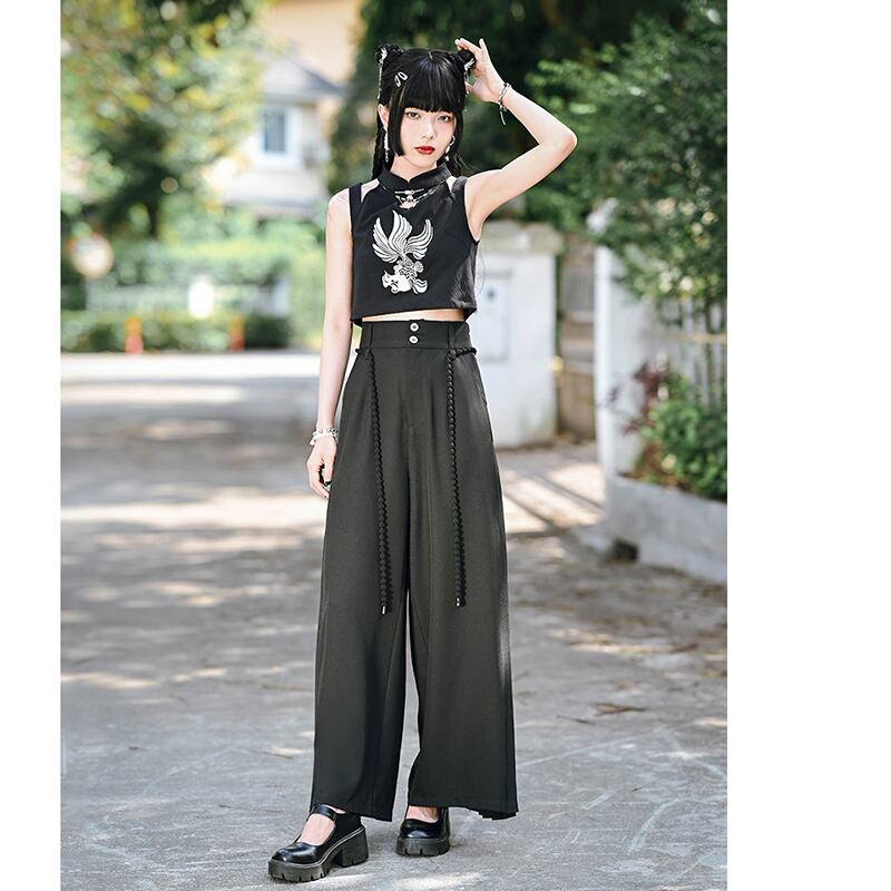 [Ancient monster---Long wind series]★China style pants★Bottoms Gaucho pants with belt Black Black