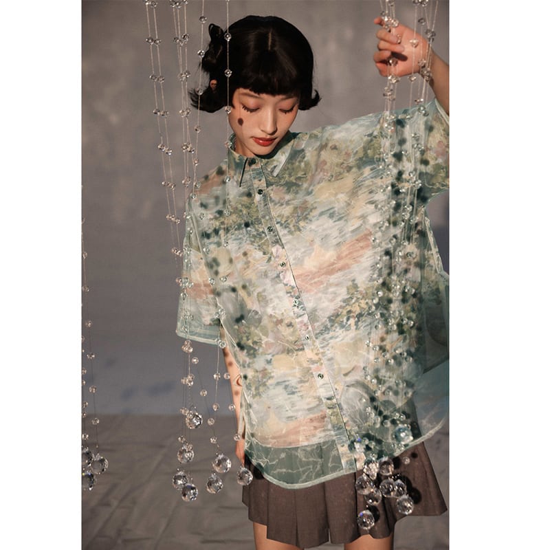 [Yangji Great Dream Series]★Oil Painting Style Shirt★ Retro Floral Pattern Shirt Fake Layered Cute Original SM