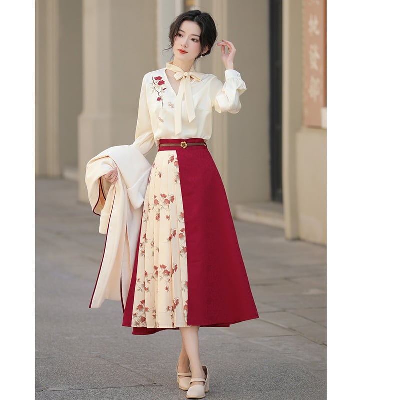 [Dust Smoke Cloud Dream---Fragrance Series] ★China style skirt★ Bottoms with belt Switching Floral pattern Red Red SML