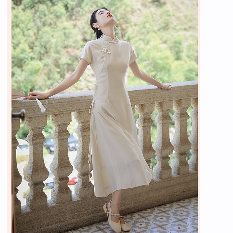 [Tatsuko Chenis Series] ★China style dress★ 2color dress coming of age ceremony girls' night out date short sleeve dress summer clothes green beige chiffon cool