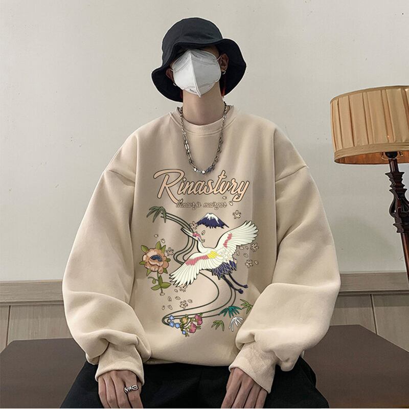 [LUONAI Series]★China style tops★ 6color round neck casual crane crane pattern print unisex men's large size