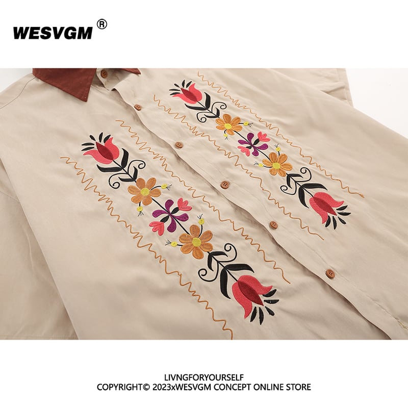 【WESVGM系列】★花卉圖案襯衫★刺繡上衣男女通用男士短袖襯衫花卉圖案休閒ML XL