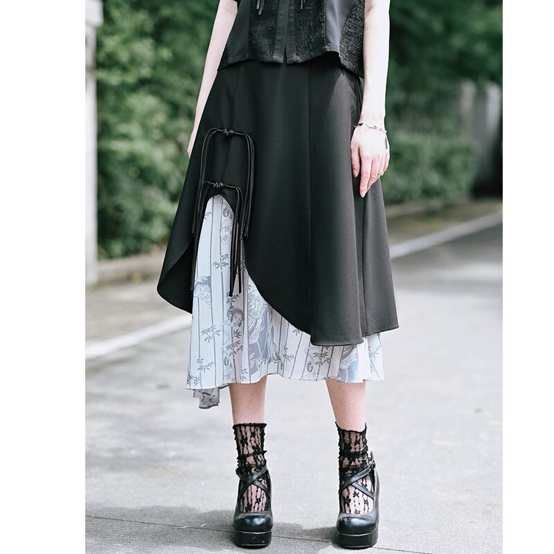 [Kokaisha---Bamboo Series] ★Chinese style skirt★ Fringe Chinese clothing Original Color scheme Irregular Black Black