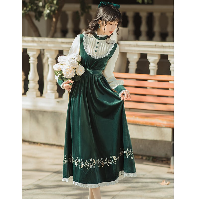 [Nan Kemu Series] ★One Piece★ Long Length Velvet Embroidery Women's Commuting Date Green Green SML XL