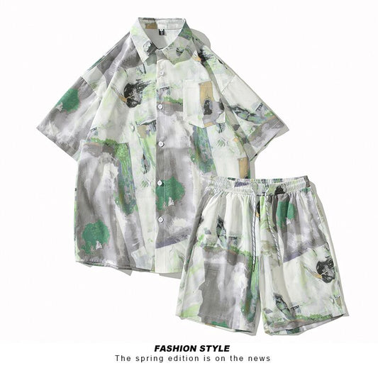 [TIANYI Series]★Setup★ Shirt + Shorts 2color Unisex Men's Large Size Oil Painting Style