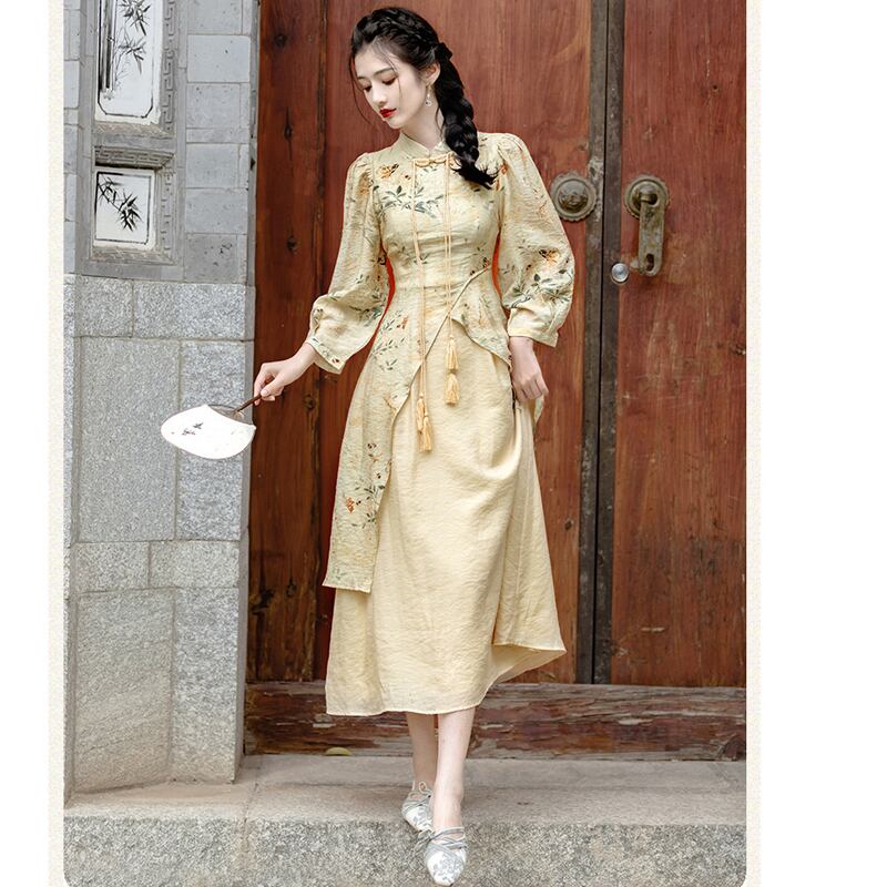 [Az Suna Series] ★Chinese style dress★ Chinese dress print switching SML XL Retro SML XL